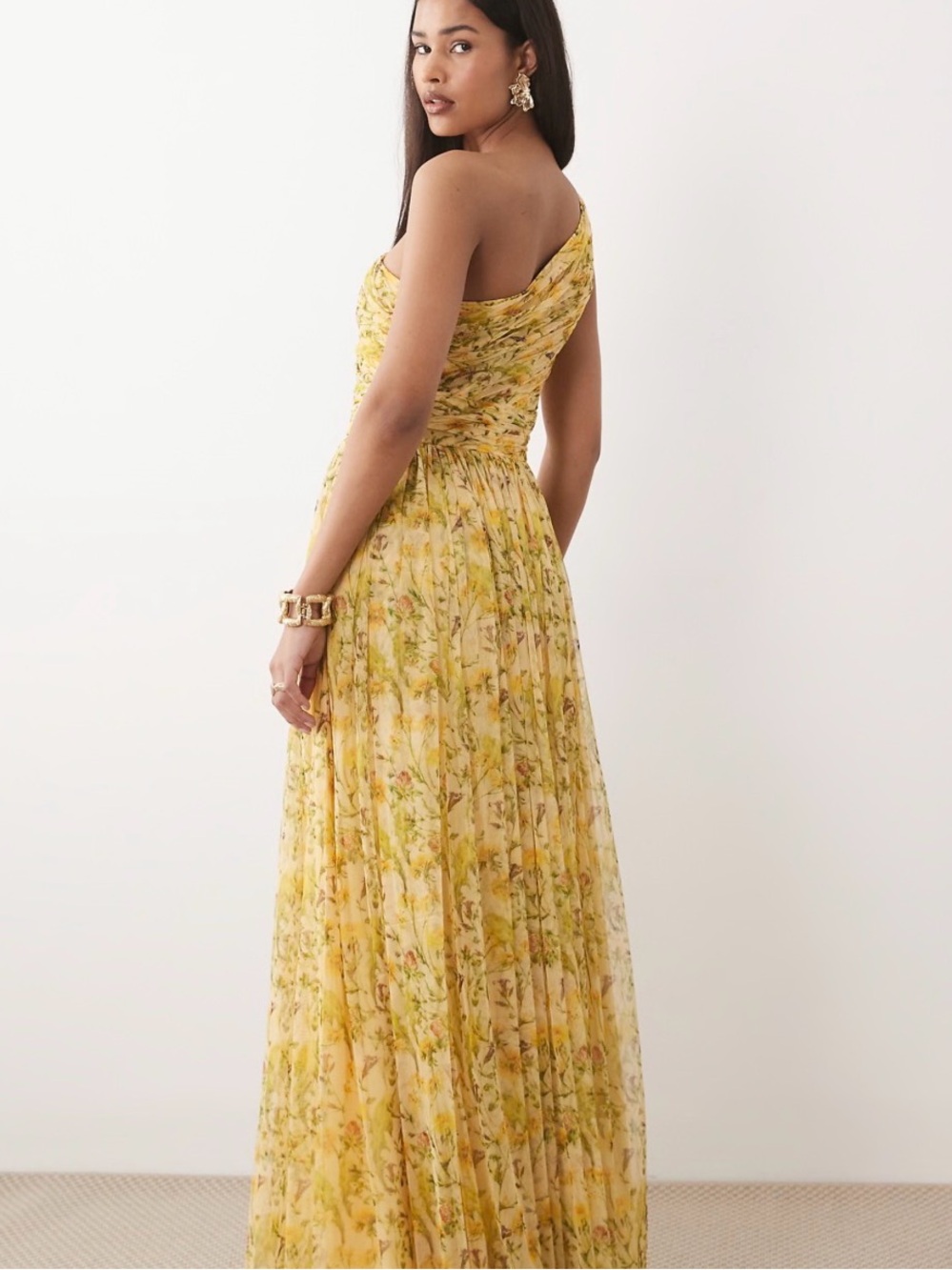 One-Shoulder Yellow Floral Maxi Dress